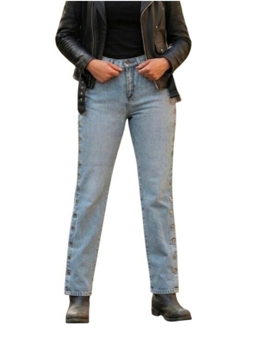 Harley Davidson Womens Size 33 Light Wash Denim Studded Snap Leg Jeans